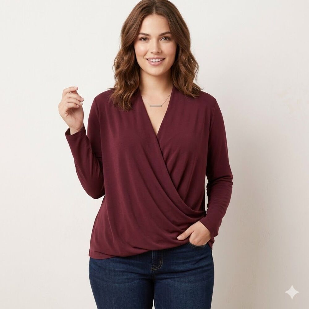 Nine West Knit Long Sleeve Faux Wrap Burgundy Classy Chic Blouse SZ 1X